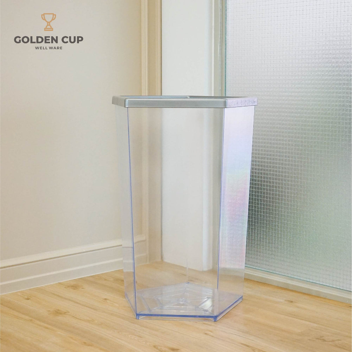 GOLDEN CUP ถังขยะพลาสติกใส ถังขยะห้าง ถังขยะโรงแรม ถังขยะร้านอาหาร ถังขยะแบบใส หนา ห้าเหลี่ยม 56 ลิตร รุ่น AG3256